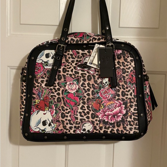 Ed Hardy Black and Pink Skull Floral Shoulder Bag - Picture 2 of 2